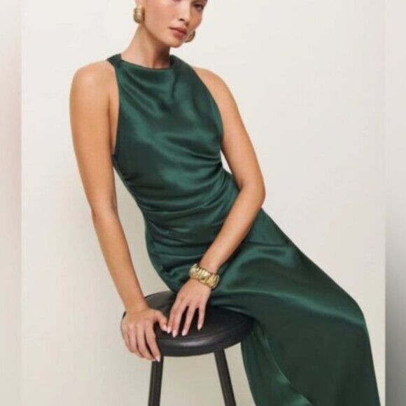 NEW Reformation Anaiis Long Silk Dress Forest Dark Green | US 4 UK 8 - Picture 14 of 14